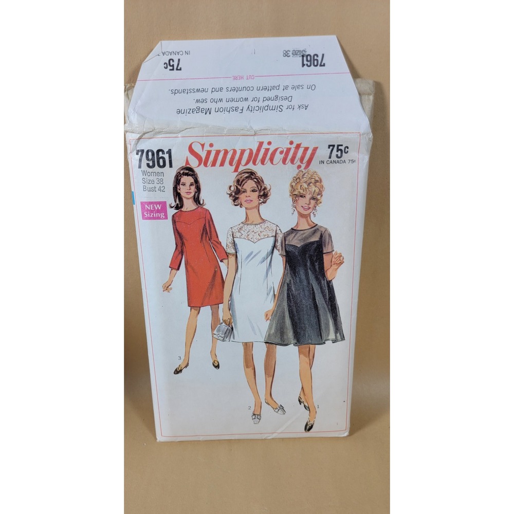 Simplicity 7961 Vintage 1960s A-Line Dress Sewing Pattern Size 38 Bust 42 Uncut